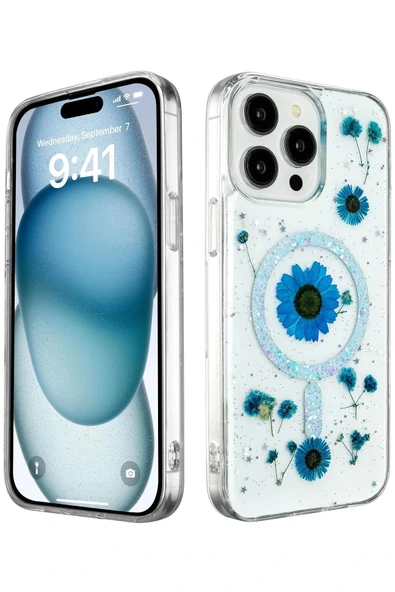LitaeTrend iPhone 14 Pro Max Kılıf Daisy Simli Magsafe Kapak - Mavi ürün görseli 1