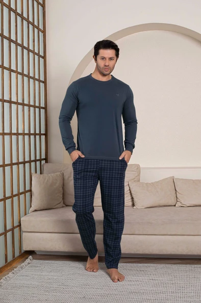 Guava Erkek Bisiklet Yaka Düğmesiz Ekose Desen Modal Mevsimlik Uzun Kol Manşetli Cepli Pijama Takımı - Resim 3
