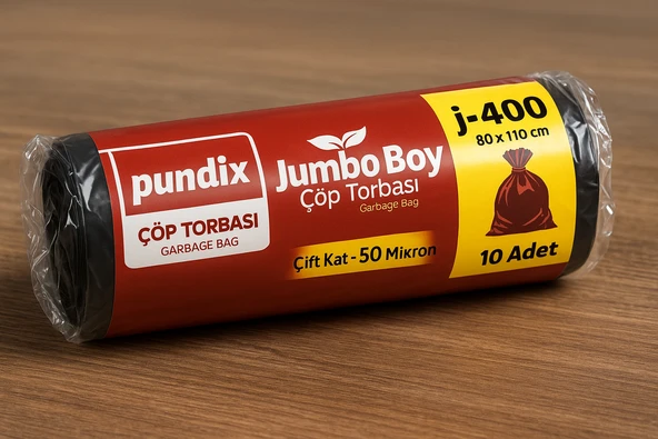Pundix J400 Jumbo Boy Çöp Torbası 80X110 cm 1 Rulo (10 Adet) 400 G Çift Kat 50 Mikron Dayanıklı Siyah Poşet ürün görseli 1