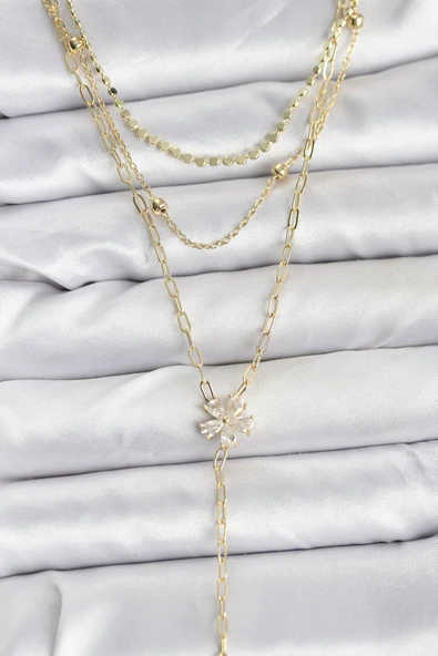 Pirinç Gold Renk Zirkon Taşlı Çiçek Model Detaylı 3'lü Kombin Y Kadın Kolye - TJ-BKO10697 ürün görseli 1