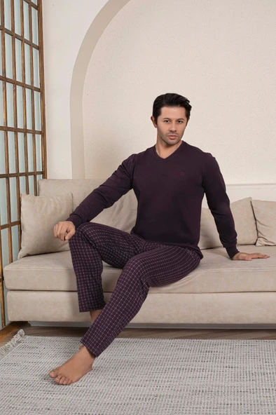 Guava Erkek Bisiklet Yaka Düğmesiz Ekose Desen Modal Mevsimlik Uzun Kol Manşetli Cepli Pijama Takımı - Resim 4