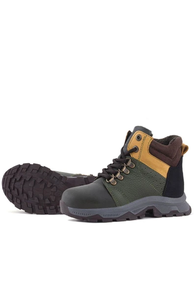 Rakerplus Hakiki Deri Haki Yeşil Sarı Fermuarlı Trekking Çocuk Bot - Resim 6