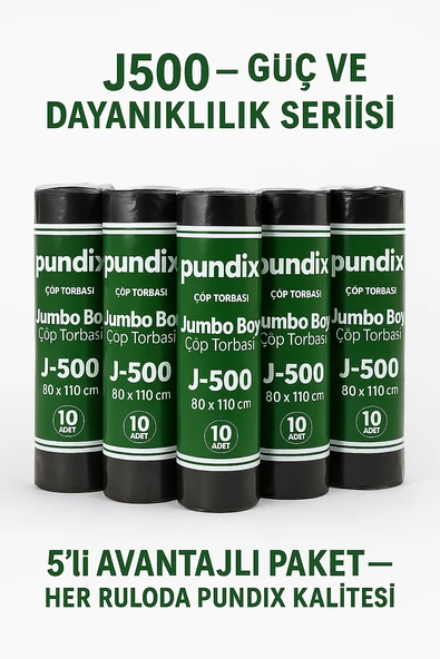 Pundix J500 Jumbo Boy Çöp Torbası (80X110 Cm) 5 Rulo (Toplam 50 Adet) Dayanıklı, Sızdırmaz ve Geniş Hacimli Çöp Poşeti ürün görseli 1