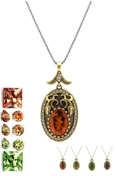 Lale Motifli Oval Zirkon Taşlı Renk Seçenekli Otantik Ayarlanabilir Gümüş Kolye ürün görseli