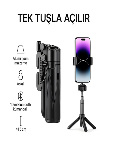 41.5 cm 360 Ayarlanabilir Bluetooth Kumandalı Kablosuz Tripod Selfie Stick Monopod ürün görseli 1