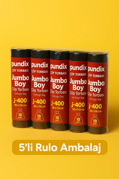 Pundix J400 Jumbo Boy Çöp Torbası (80X110 Cm) 5 Rulo (Toplam 50 Adet) Dayanıklı, Sızdırmaz ve Geniş Hacimli Çöp Poşeti - Resim 2