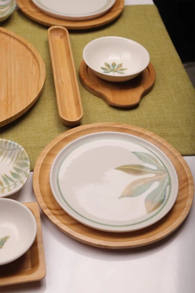 Atbyhome Sage 6 Kişilik 27 Parça Doğal Bambu Porselen Kahvaltı Takımı – Kahvaltı Seti Sunum Seti - Resim 4