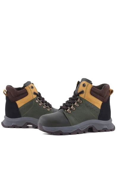 Rakerplus Hakiki Deri Haki Yeşil Sarı Fermuarlı Trekking Çocuk Bot - Resim 7