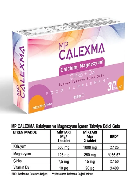 Medipharma Mp Calexma Kalsiyum Magnezyum Çinko+D3 Vitamin Takviye Edici Gıda 30 Tablet ürün görseli