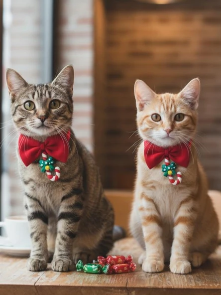 Christmas Candy Yılbaşı Kedi Papyon Tasması | Kırmızı Fiyonk Boyun Aksesuarı | Noel Temalı Kedi Süsü ürün görseli