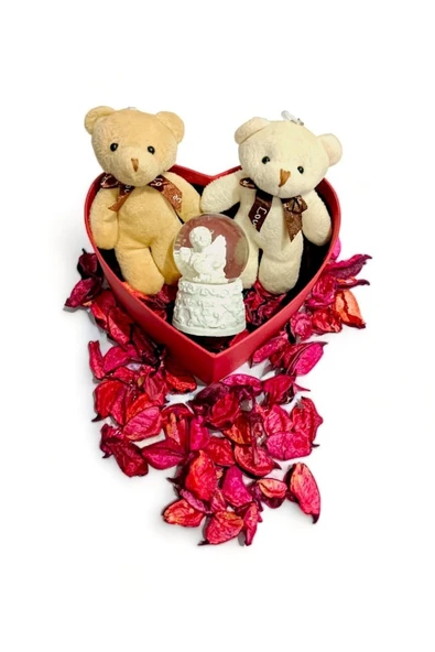 Sevgiliye Özel Günlere Hediye Kalp Kutuda Melek Kar Küresi Mini Ayıcıklar Hediye Seti ürün görseli 1