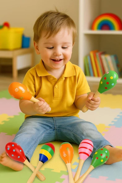 1 Adet Tamamen Ahşap Renkli Marakas Seti Çocuk Oyuncak - Resim 2