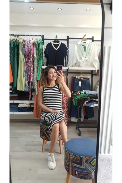 BEBE PLUS Çizgili Siyah Beyaz Elbise - Resim 2