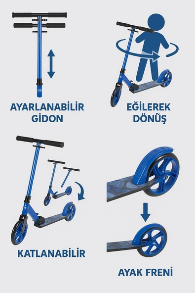 Dude 2 Teker Katlanabilir Kırmızı Scooter - Ayarlanabilir Direksiyon, Destek Ayağı, Eğimle Yönlendirme , 8+ Yaş, 50kg - Resim 2