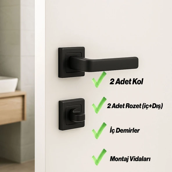 Akdam WC Banyo Kapı Kolu Seti Siyah Modern İçten Kilitlemeli Sessiz Mekanizma Uyumlu Şık Kulp Takımı - Resim 2