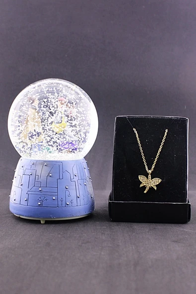 Sevgiliye Yeni Kış Masalı Orta Boy Kar Küresi ve Zirkon Taş Kolye Set 12 CM Boy Işıklı Müzikli - Resim 4