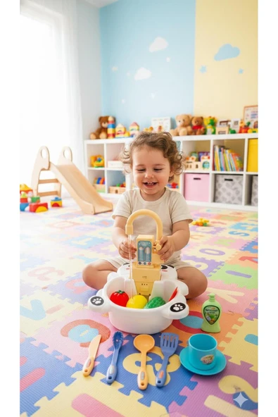 Pilli Dolaşımlı Pandalı Lavabo Seti 14 Parça Mutfak Oyuncak Seti - Resim 4