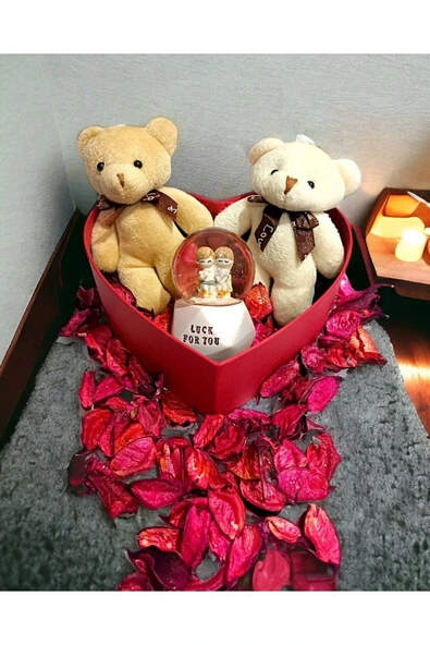 Sevgiliye Özel Günlere Hediye Kalp Kutuda Sevgililer Kar Küresi Mini Ayıcıklar Hediye Seti - Resim 4