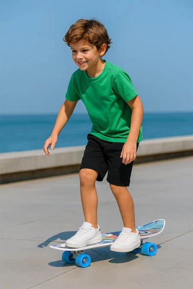Renkli Desenli Cruiser Kaykay – Mavi Tekerlekli Mini Skateboard , 65 Cm , Silikon Teker - Resim 4