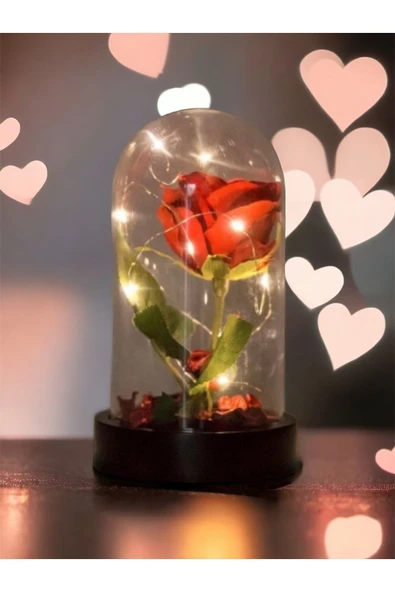Fanusta Led Işıklı Kırmızı Yapay Gül Sevgiliye Özel Dekoratif Hediye Sevgililer Günü - Resim 4