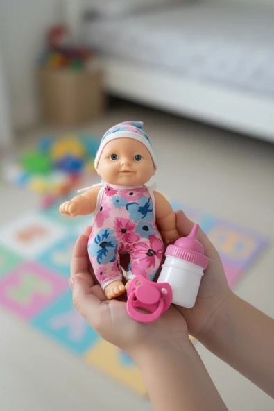 Elbiseli Mini Oyuncak Bebek Seti – Emzik, Biberon ve Hayvancık Aksesuar Hediyeli - Resim 7
