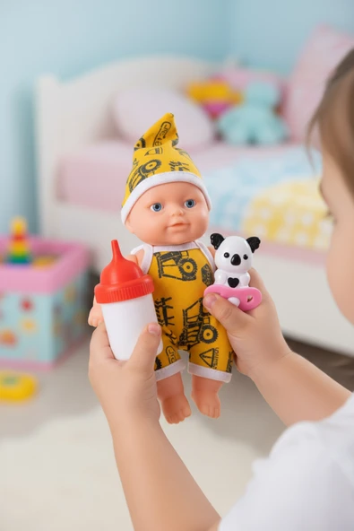 Elbiseli Mini Oyuncak Bebek Seti – Emzik, Biberon ve Hayvancık Aksesuar Hediyeli - Resim 5
