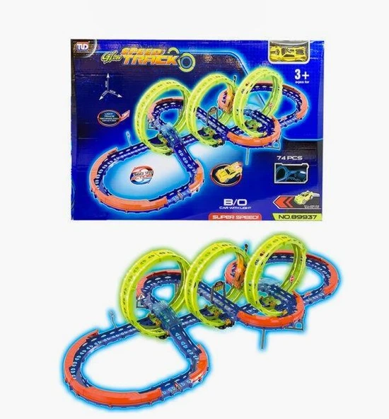 Glow Speed Track 74 Parça Yarış Pisti Seti – 3’lü Loop Işıklı, USB Şarjlı Hızlı Yarış Arabalı Oyun Seti, 3+ Yaş ürün görseli