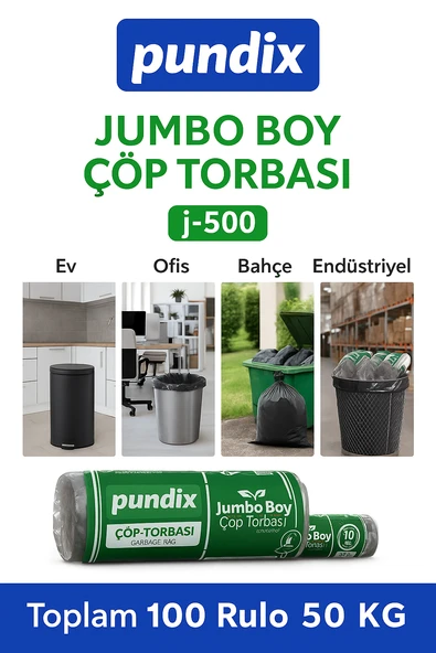 Pundix J500 Jumbo Boy Çöp Torbası 80X110 Cm 5 Koli (Toplam 100 Rulo  50 Kg)  Çift Kat 50 Mikron Endüstriyel Kalite Sızdırmaz Poşet  Ev, Ofis ve Bahçe Kullanımı Için Çöp Poşeti - Resim 2