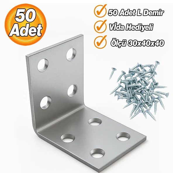 Dayanıklı Metal L Demir Köşebent 30x40x40 mm 50 Adet Mobilya Duvar Köşe Sabitleme Gönye Aparatı - Resim 2