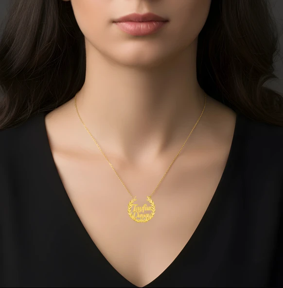 Defne Yapraklı Gümüş Kolye - Altın - Resim 2