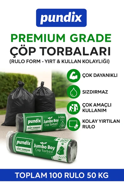 Pundix J500 Jumbo Boy Çöp Torbası 80X110 Cm 5 Koli (Toplam 100 Rulo  50 Kg)  Çift Kat 50 Mikron Endüstriyel Kalite Sızdırmaz Poşet  Ev, Ofis ve Bahçe Kullanımı Için Çöp Poşeti - Resim 5