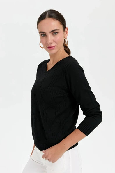 24187 DESEN TRİKO V YAKA DİKİŞSİZ ÖNÜ DESENLİ KAZAK - Resim 3