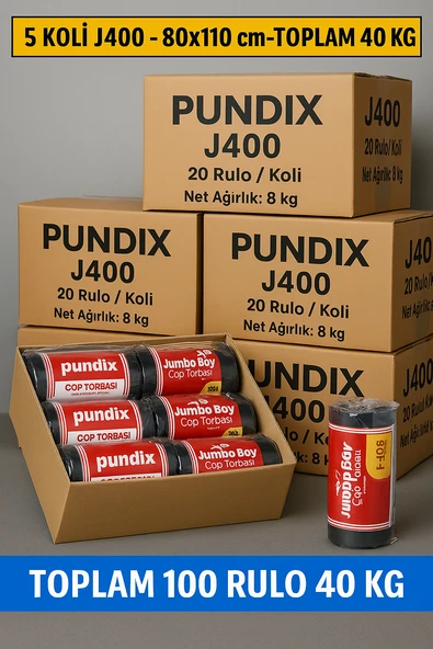 Pundix J400 Jumbo Boy Çöp Torbası 80X110 cm 5 Koli (Toplam 40 Kg) 100 Rulo (Her Biri 400 Gr) Çift Kat 45 Mikron Dayanıklı Çöp Poşeti Ev, Ofis, Restoran ve Endüstriyel Kullanım Için ürün görseli 1