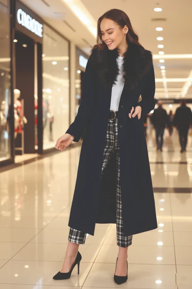 Kışlık Yakası Kürklü Kaşe Kaşmir Kaban ürün görseli 1