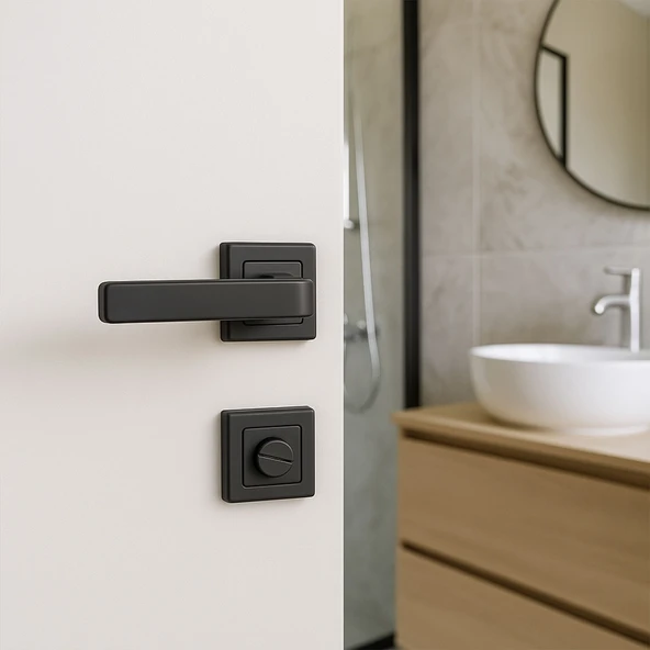 Akdam WC Banyo Kapı Kolu Seti Siyah Modern İçten Kilitlemeli Sessiz Mekanizma Uyumlu Şık Kulp Takımı - Resim 7