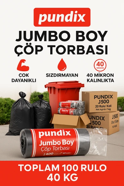 Pundix J400 Jumbo Boy Çöp Torbası 80X110 cm 5 Koli (Toplam 40 Kg) 100 Rulo (Her Biri 400 Gr) Çift Kat 45 Mikron Dayanıklı Çöp Poşeti Ev, Ofis, Restoran ve Endüstriyel Kullanım Için - Resim 2