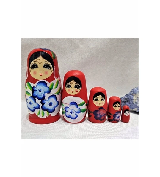 Süpriz 5 Li Kırmızı Iç Içe Geçen Ahşap Matruşka Bebek Sevgiliye Özel Günlere Hediye Dekoratif ürün görseli 1