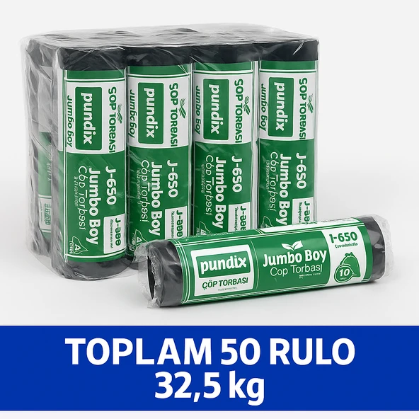 Pundix J650 Jumbo Boy Çöp Torbası 80X110 cm 5 Koli(Toplam 50 Rulo 32.5 Kg) Endüstriyel Kalın Dayanıklı Opp Ambalajlı Çöp Poşeti Seti Ev, Ofis, Bahçe ve Sanayi Kullanımı Için İdeal ürün görseli 1