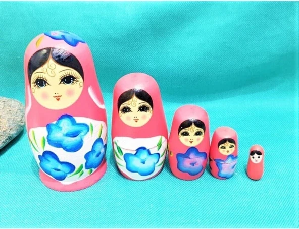 Süpriz Iç Içe Geçen Ahşap Pembe Matruşka Bebek 5'li Sevgiliye Özel Günlere Hediye Dekoratif ürün görseli 1