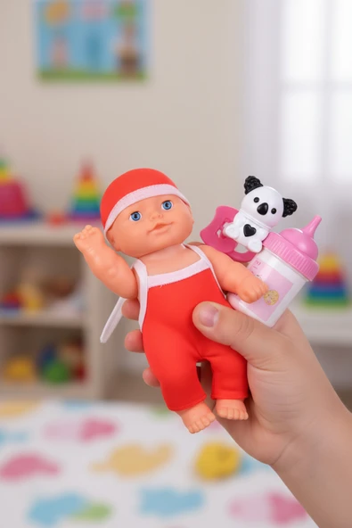 Elbiseli Mini Oyuncak Bebek Seti – Emzik, Biberon ve Hayvancık Aksesuar Hediyeli - Resim 6