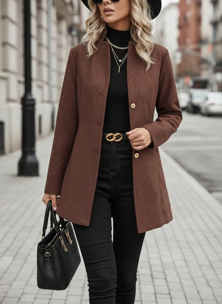 Şık Tasarım Yaka Kaşe Kahverengi Kaban ürün görseli 1