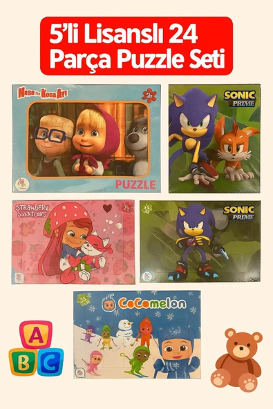 5’li Lisanslı 24 Parça Puzzle Seti – Maşa ile Koca Ayı, Sonic Prime, Strawberry Shortcake, CoComelon Çocuk Eğitici Karton Puzzle - Resim 4