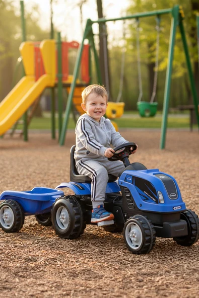 Römorklu Pedallı Mavi Traktör - Resim 3