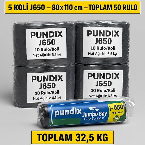 Pundix J650 Jumbo Boy Çöp Torbası 80X110 cm 5 Koli(Toplam 50 Rulo 32.5 Kg) Endüstriyel Kalın Dayanıklı Opp Ambalajlı Çöp Poşeti Seti Ev, Ofis, Bahçe ve Sanayi Kullanımı Için İdeal - Resim 2