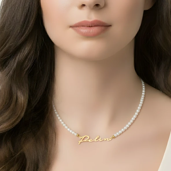 Yeni Trend Yatay İncili İsim Kolye - Gümüş - Resim 2