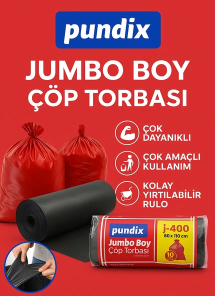 Pundix J400 Jumbo Boy Çöp Torbası 80X110 cm 5 Koli (Toplam 40 Kg) 100 Rulo (Her Biri 400 Gr) Çift Kat 45 Mikron Dayanıklı Çöp Poşeti Ev, Ofis, Restoran ve Endüstriyel Kullanım Için - Resim 3
