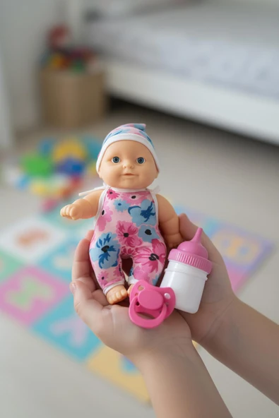Elbiseli Mini Oyuncak Bebek Seti – Emzik, Biberon ve Hayvancık Aksesuar Hediyeli ürün görseli 1