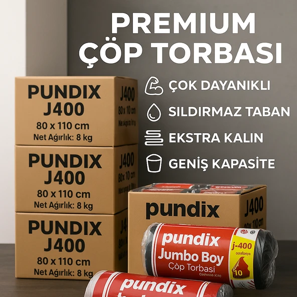 Pundix J400 Jumbo Boy Çöp Torbası 80X110 cm 5 Koli (Toplam 40 Kg) 100 Rulo (Her Biri 400 Gr) Çift Kat 45 Mikron Dayanıklı Çöp Poşeti Ev, Ofis, Restoran ve Endüstriyel Kullanım Için - Resim 4