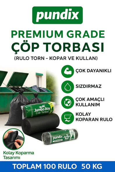 Pundix J500 Jumbo Boy Çöp Torbası 80X110 Cm 5 Koli (Toplam 100 Rulo  50 Kg)  Çift Kat 50 Mikron Endüstriyel Kalite Sızdırmaz Poşet  Ev, Ofis ve Bahçe Kullanımı Için Çöp Poşeti - Resim 4