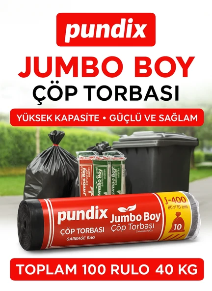 Pundix J400 Jumbo Boy Çöp Torbası 80X110 cm 5 Koli (Toplam 40 Kg) 100 Rulo (Her Biri 400 Gr) Çift Kat 45 Mikron Dayanıklı Çöp Poşeti Ev, Ofis, Restoran ve Endüstriyel Kullanım Için - Resim 5